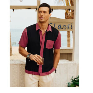 Red and Black Color Block button up shirt